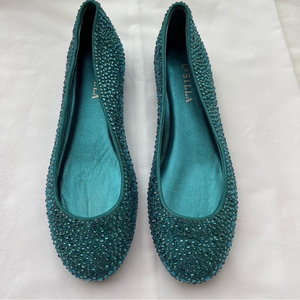LE SILLA ballet flats embellished teal leather sparkly rhinestone NEW